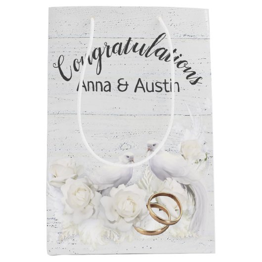 Weduwen en ringen op wit hout medium cadeauzakje (Voorkant)