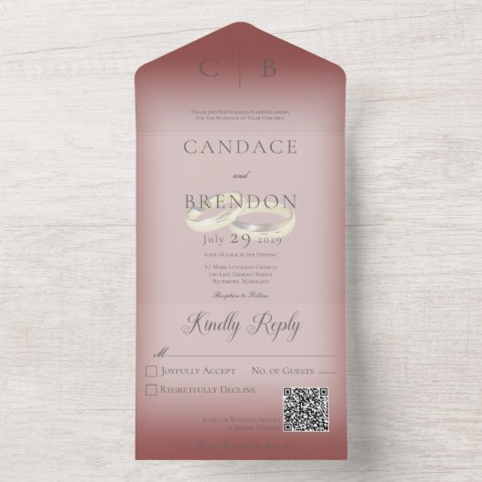 Weduwen Moderne Burgundy QR-code All In One Uitnodiging (Binnen)