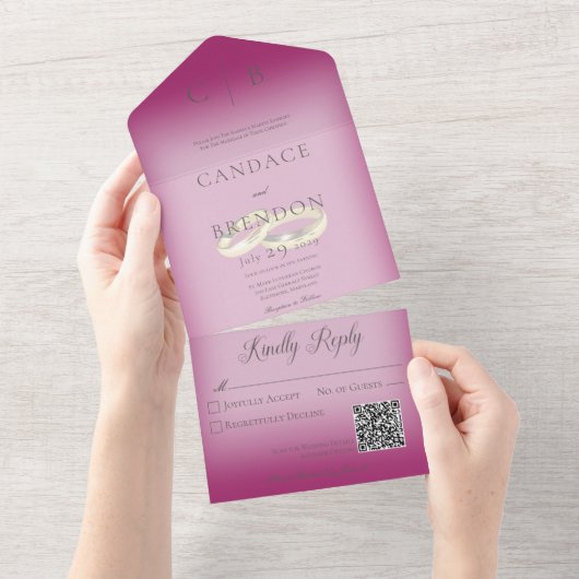 Weduwen Moderne Fuchsia roze QR-code All In One Uitnodiging (Afscheurbaar)
