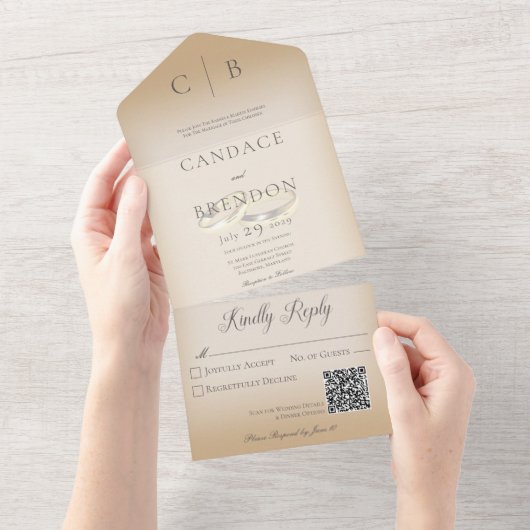 Weduwen Moderne Tan QR-code All In One Uitnodiging (Afscheurbaar)