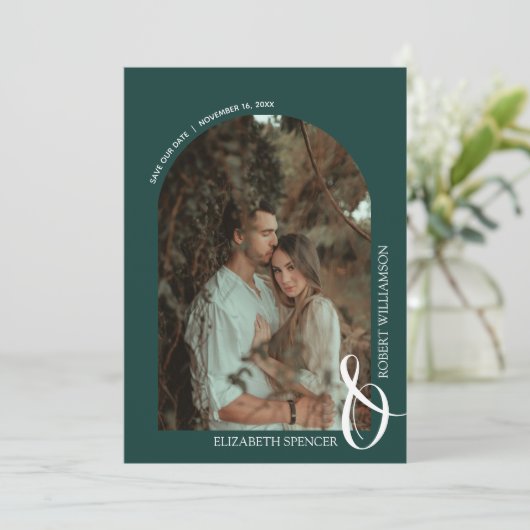 Weduwfoto Emerald Green QR-code Save The Date (Staand voorkant)