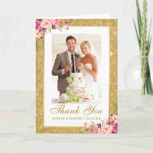 Weduwfoto Gold Glitter Pink Floral Fold Bedankkaart (Voorkant)