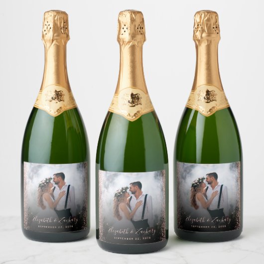 Weduwfoto Roos Gold Glitter Dark Sparkling Wijnetiket (Flessen)