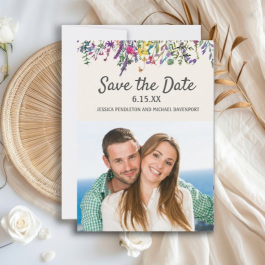 Weduwfoto Waterverf Wildbloemen Cream White Save The Date