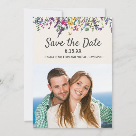 Weduwfoto Waterverf Wildbloemen Cream White Save The Date (Voorkant)