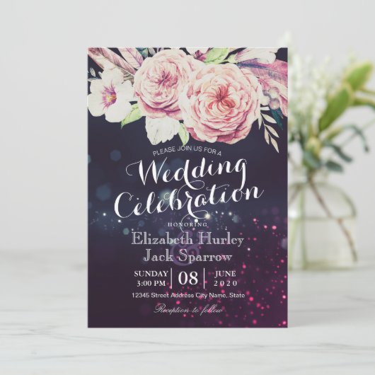 Weduwingshower Boho Floral Feather en Paarse licht Kaart (Staand voorkant)