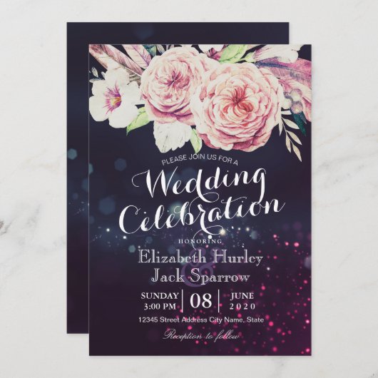 Weduwingshower Boho Floral Feather en Paarse licht Kaart (Voorkant / Achterkant)