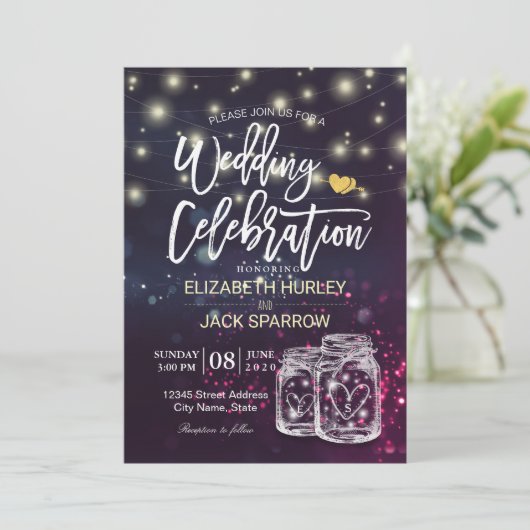 Weduwingshower Chic Mason Jar Paarse String Lights Kaart (Staand voorkant)