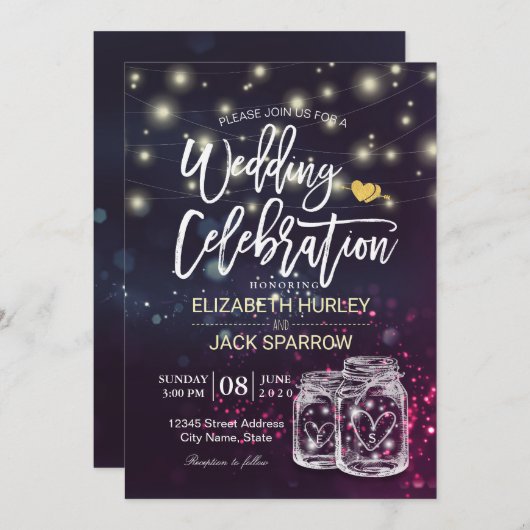 Weduwingshower Chic Mason Jar Paarse String Lights Kaart (Voorkant / Achterkant)