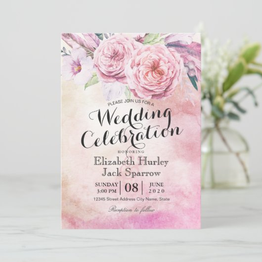 Weduwingshower Chic Waterverf Boho Floral Feather Kaart (Staand voorkant)