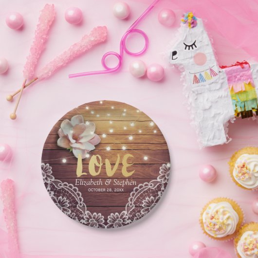 Weduwingshower Floral String Lights Wood Deco Papieren Bordje (Feest)