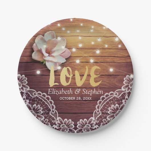 Weduwingshower Floral String Lights Wood Deco Papieren Bordje (Voorkant)
