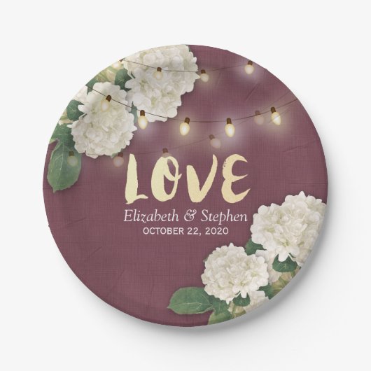 Weduwingshower Hydrangea String Light Burgundy Red Papieren Bordje (Voorkant)