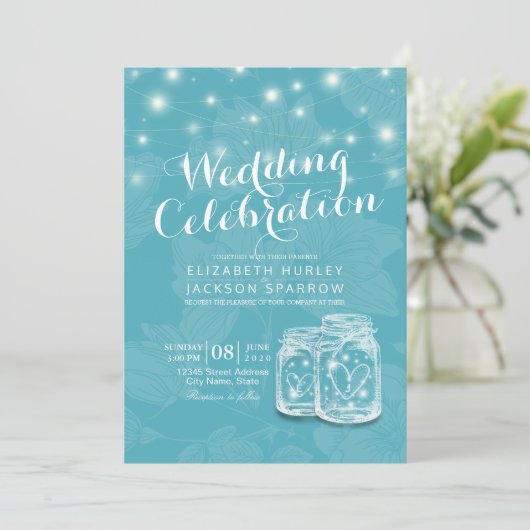 Weduwingshower Mason Jar String Lights Blue Floral Kaart (Staand voorkant)