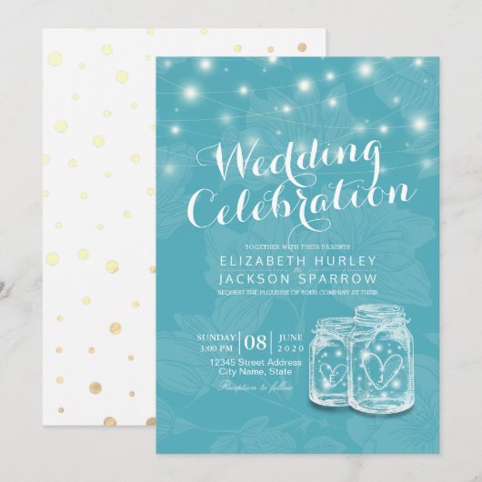 Weduwingshower Mason Jar String Lights Blue Floral Kaart (Voorkant / Achterkant)