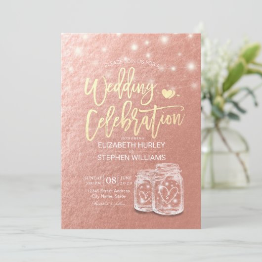 Weduwingshower Mason Jars String Lights Roos Gold Kaart (Staand voorkant)