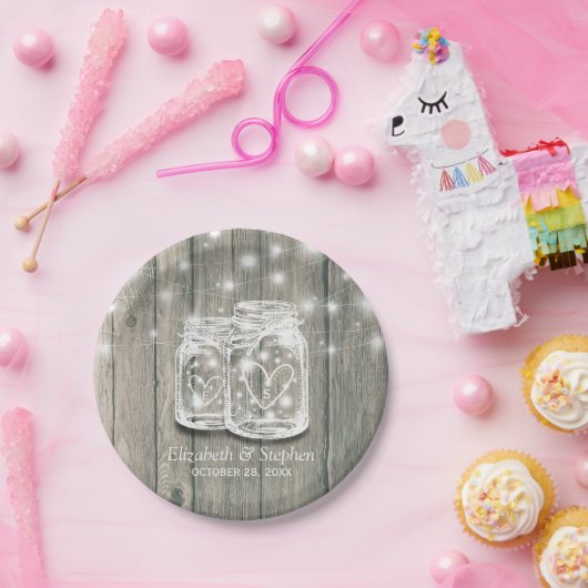 Weduwingshower Rustic Wood Mason Jar String Lights Papieren Bordje (Feest)
