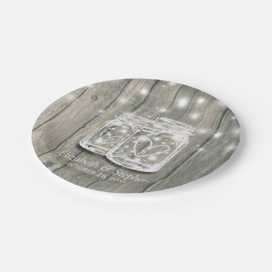 Weduwingshower Rustic Wood Mason Jar String Lights Papieren Bordje (Gekanteld)