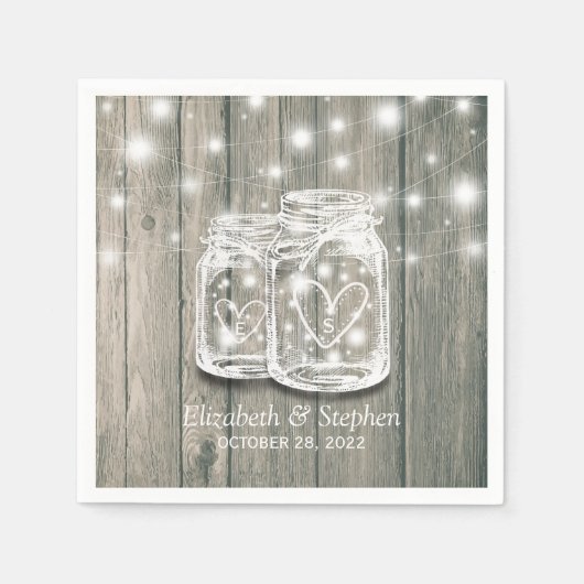 Weduwingshower Rustic Wood Mason Jar String Lights Servetten (Voorkant)