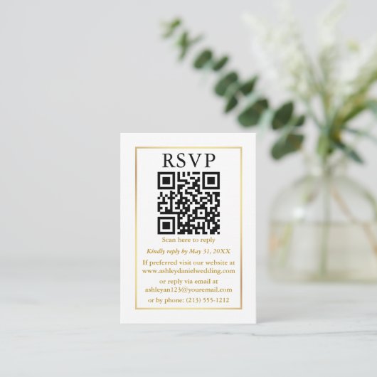 Weduwminimalistische QR Black White Gold RSVP Informatiekaartje (Staand voorkant)
