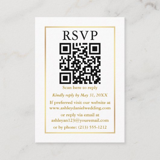 Weduwminimalistische QR Black White Gold RSVP Informatiekaartje (Voorkant)