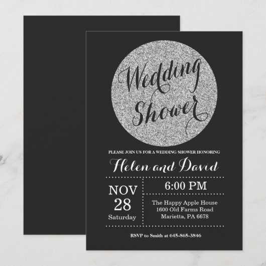 Weduwschotel Black en Silver Glitter Invitation Kaart (Voorkant / Achterkant)