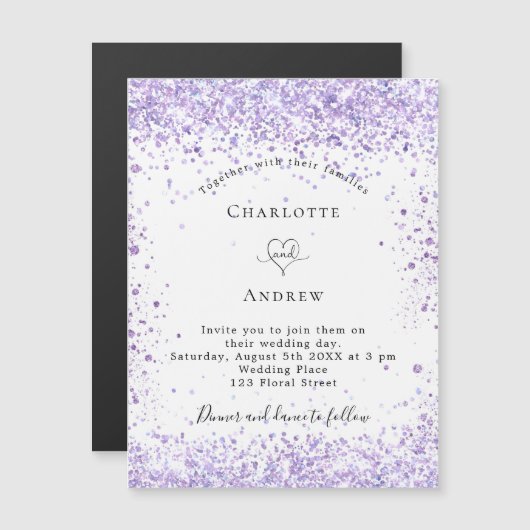 Weduwsviolet glitter white magnet-uitnodiging magnetische uitnodiging (Voorkant / Achterkant)