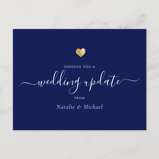Weduwupdate Uitgesteld Elegant Script Gold Blue Briefkaart (Voorkant)