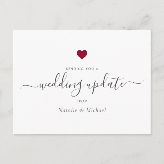 Weduwupdate uitgesteld Elegant Script Red Heart Briefkaart (Voorkant)