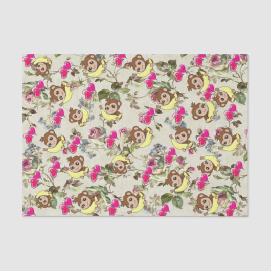 Weefselpapier apen Bananas Pink Hearts Floral Tissuepapier (Voorkant)