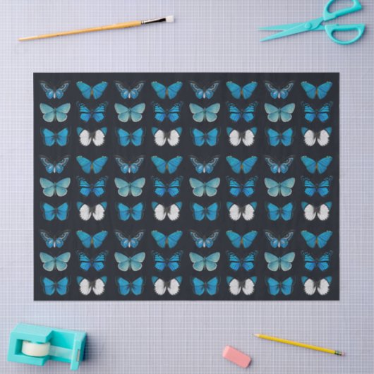 WEEFSELPAPIER: BLAUWE BUTTERFLES OP ZWART TISSUEPAPIER (Craft)