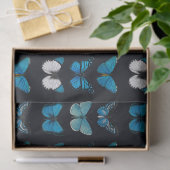 WEEFSELPAPIER: BLAUWE BUTTERFLES OP ZWART TISSUEPAPIER (Geschenk)