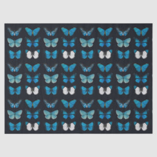 WEEFSELPAPIER: BLAUWE BUTTERFLES OP ZWART TISSUEPAPIER