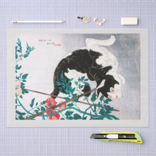 WEEFSELPAPIER : JAPANESE WOODBLOCK :Kat met tomaat Tissuepapier (Craft)
