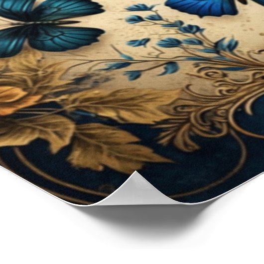 Weefselpapier met blauwe en gouden vlinder poster (Hoek)