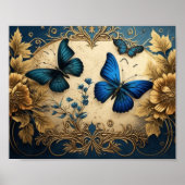 Weefselpapier met blauwe en gouden vlinder poster (Voorkant)