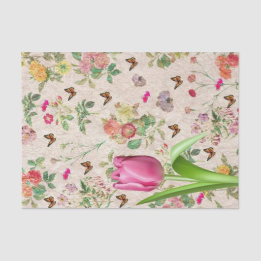 Weefselpapier Roze Tulp Vlinder Bloemen Tissuepapier (Voorkant)