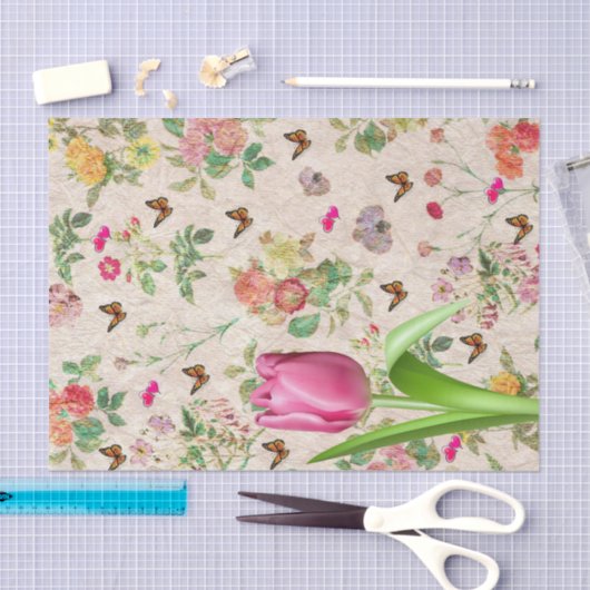 Weefselpapier Roze Tulp Vlinder Bloemen Tissuepapier (Craft)