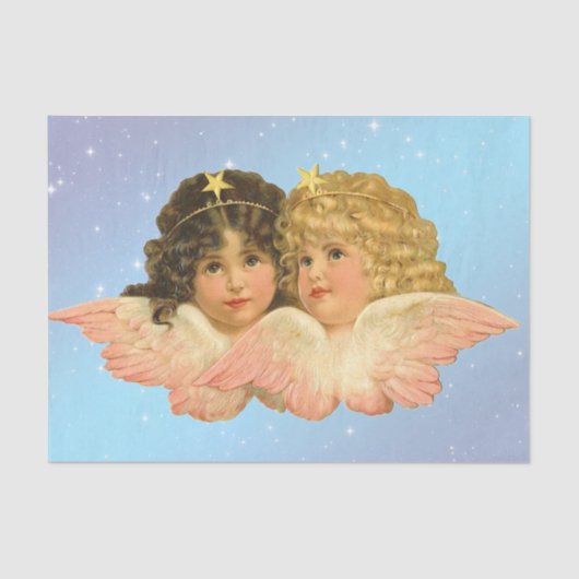 WEEFSELPAPIER  TWEELINGANGEL STERREN OP BLAUW TISSUEPAPIER (Voorkant)