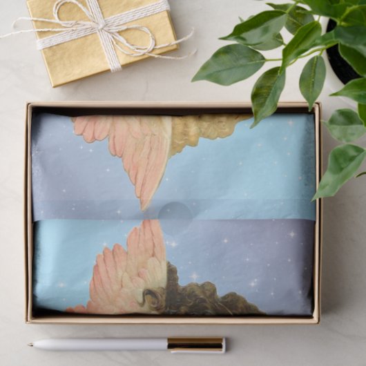 WEEFSELPAPIER  TWEELINGANGEL STERREN OP BLAUW TISSUEPAPIER (Geschenk)