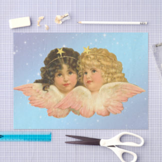 WEEFSELPAPIER  TWEELINGANGEL STERREN OP BLAUW TISSUEPAPIER