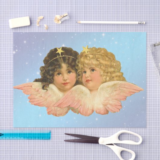 WEEFSELPAPIER  TWEELINGANGEL STERREN OP BLAUW TISSUEPAPIER (Craft)