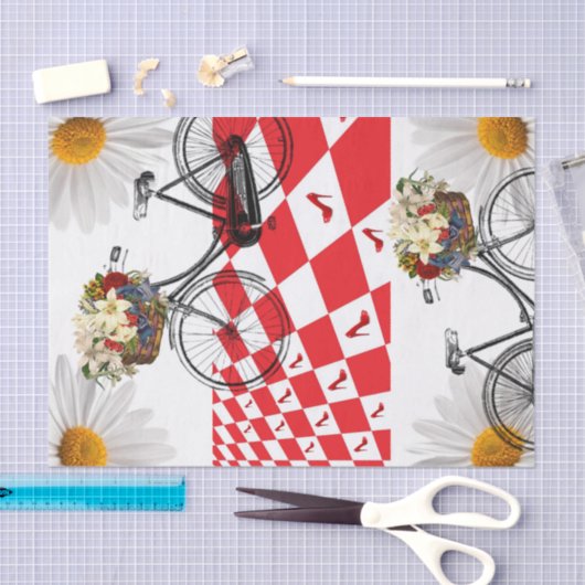 Weefselpapier White Daisy Red Checkered Bike Tissuepapier (Craft)