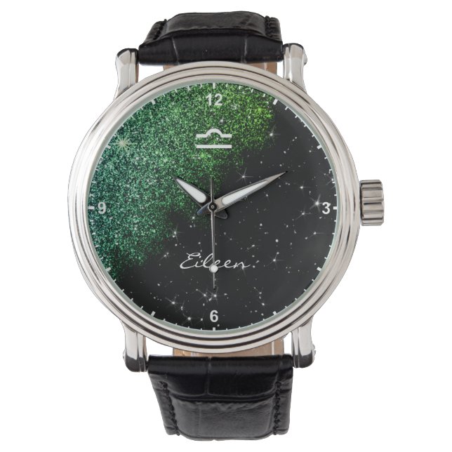 Weegdierentuin Blauwgroen Groen Glitter Stars Naam Horloge (Voorkant)