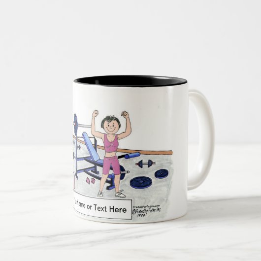 Weeglifter - Vrouw, persoonlijke Cartoon Tweekleurige Koffiemok (Voorkant rechts)