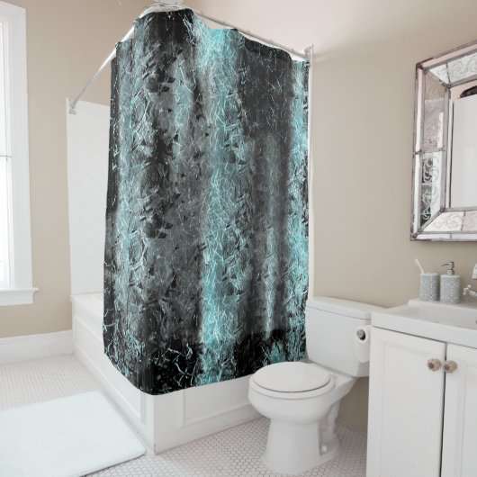 Weegvezelige vezelstructuur in lichtblauw douchegordijn (In situ)