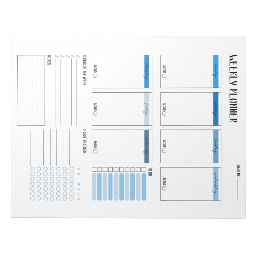 Weekblad met zondag start (blauw) 8,5 x 11 inch notitieblok (Voorkant)