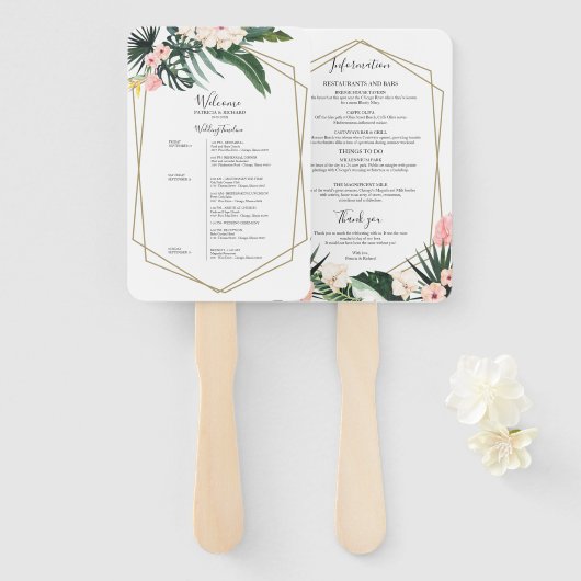 Weekend bruiloft schema tropische bloemen geometri handwaaier (Voorkant en achterkant)