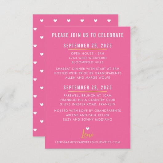 WEEKEND DETAILS Leuke  roze witte harten goud RSVP Kaartje (Voorkant / Achterkant)