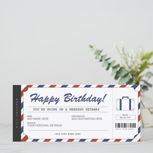 Weekend Getaway Birthday Gift Travel Voucher (Staand voorkant)